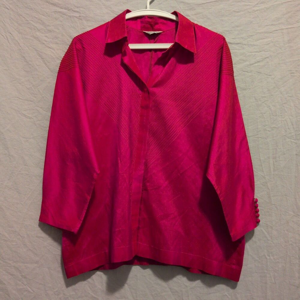 Thai Silk Blouse Size XL Fuschia Decorative Stitching Covered Buttons W/loop
